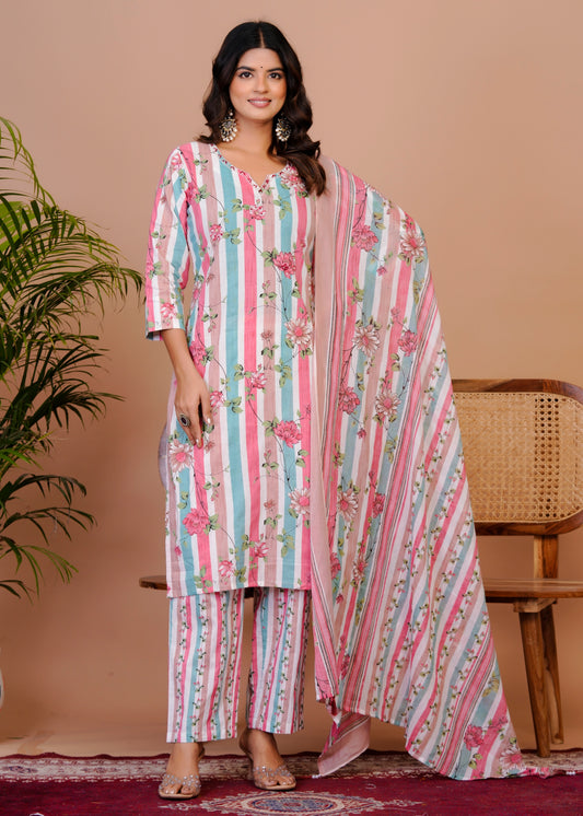 Women Premium  Cottan Handwork Kurti Pant with Dupatta Set